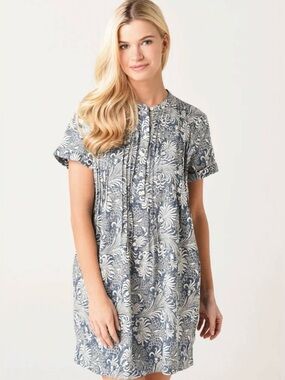 Faherty Gemina tunic dress featuring a blue and white patterned